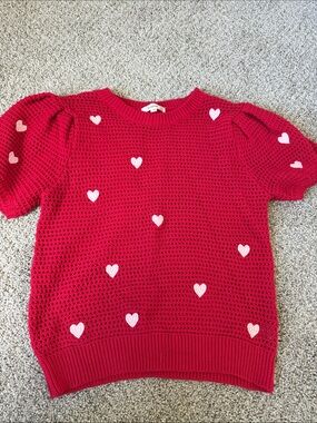 Red Short-Sleeve Heart Knit Sweater - Crew Neck